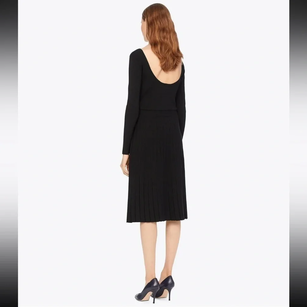 TORY BURCH Florence Dress Black Knit Softly Pleated Midi Bateau Neck
